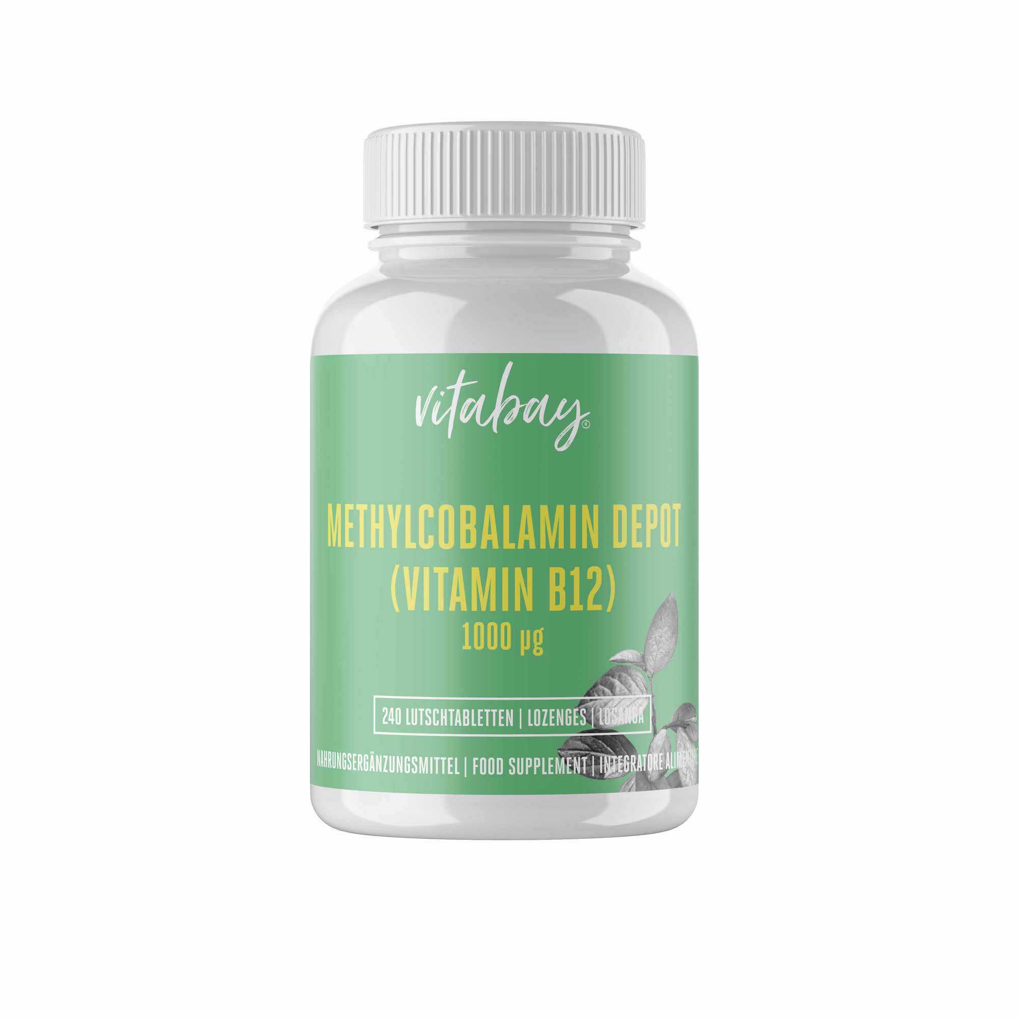 Transportflasche mit der Aufschrift "vitabay Methylcobalamin Depot (Vitamin B12) 1000 µg", 240 Lutschtabletten.