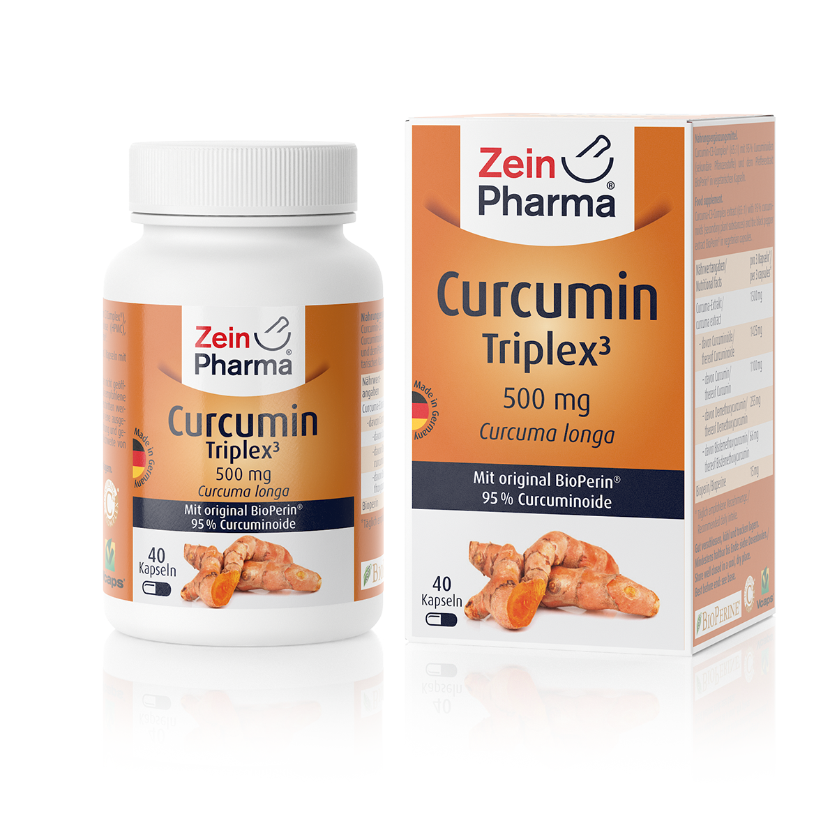 Produktverpackung von Zein Pharma Curcumin Triplex³, 500 mg, mit Flasche und Schachtel, zeigt 40 Kapseln und Informationen zu Inhaltsstoffen.