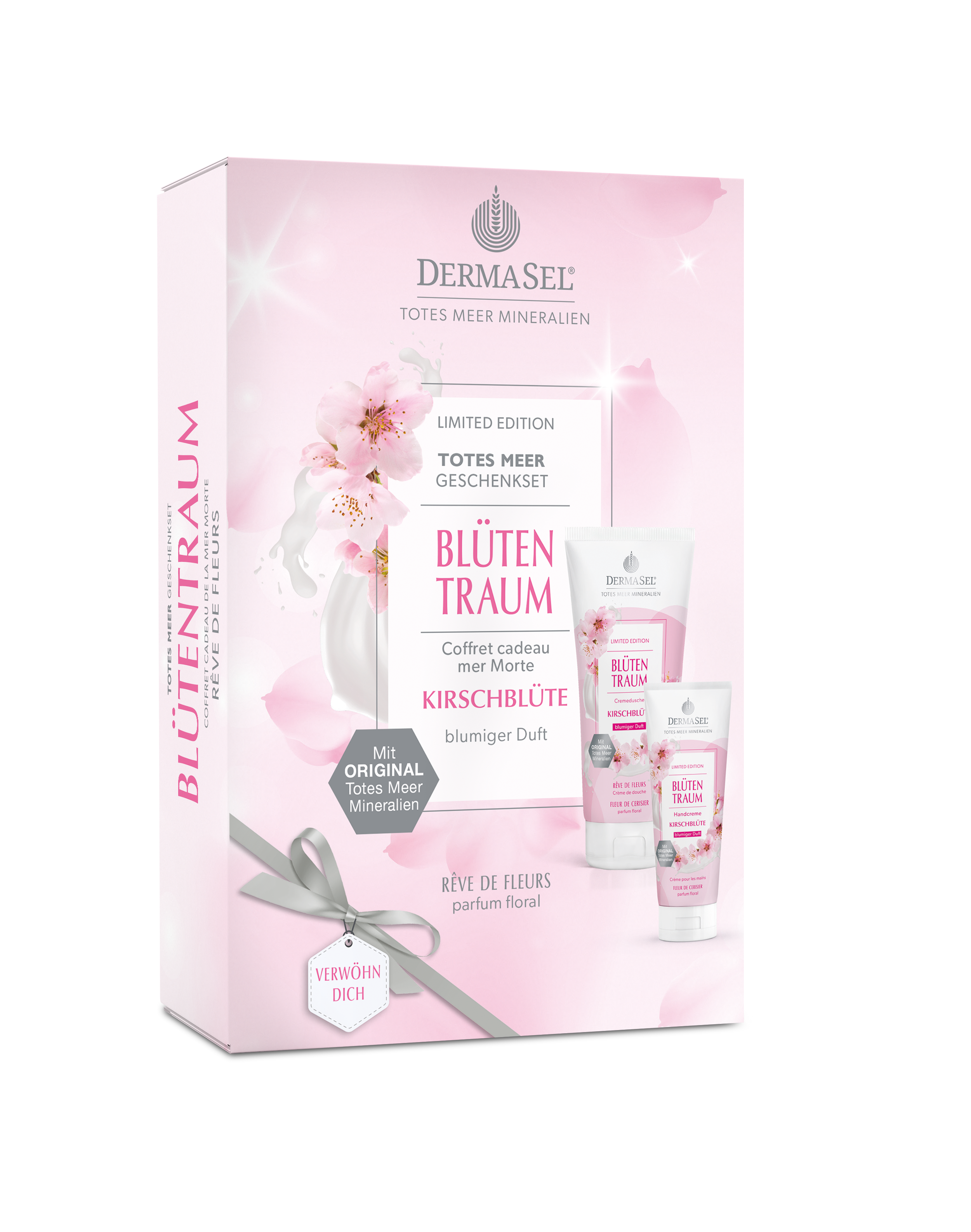 Verpackung des Dermasel Totes Meer Geschenksets "Blütentraum" mit Produkten in rosa und weiß, präsentiert mit Kirschblüten-Duft.