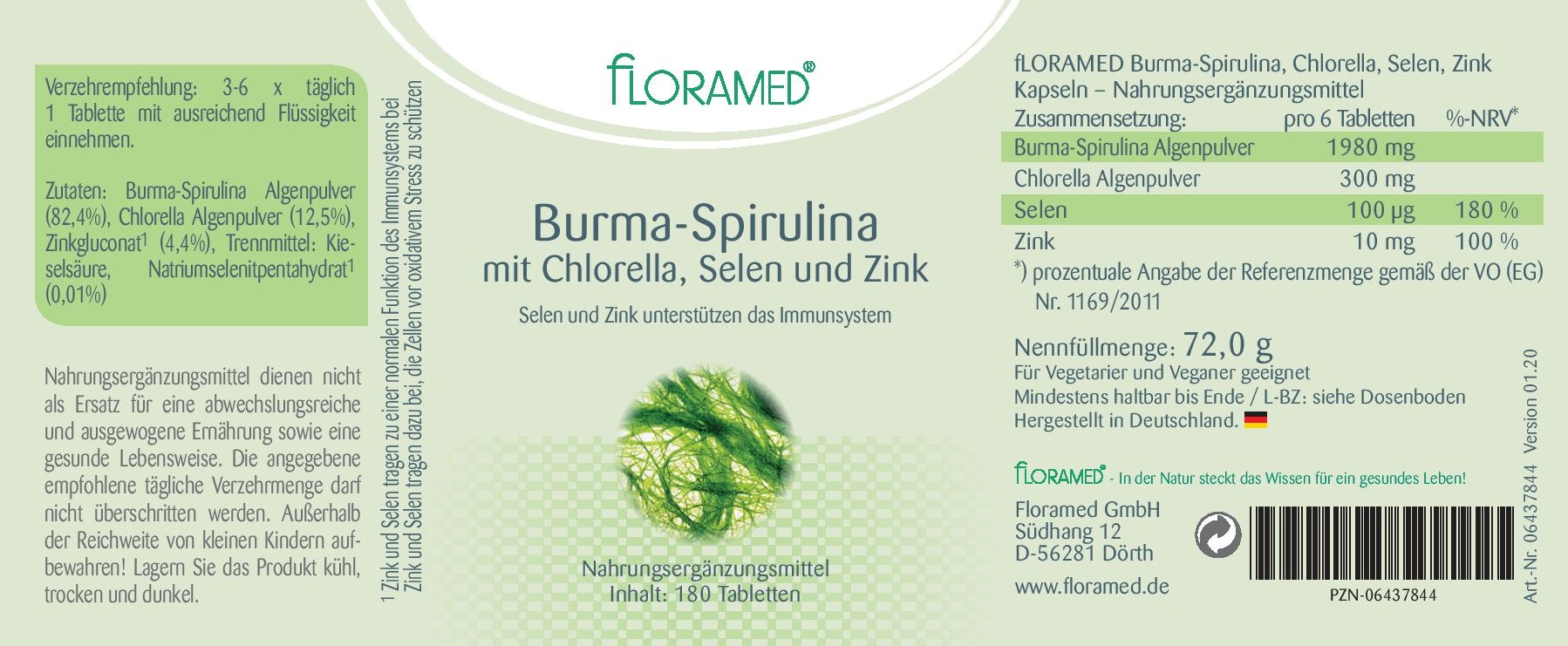 Floramed Burma-Spirulina mit Chlorella, Selen und Zink