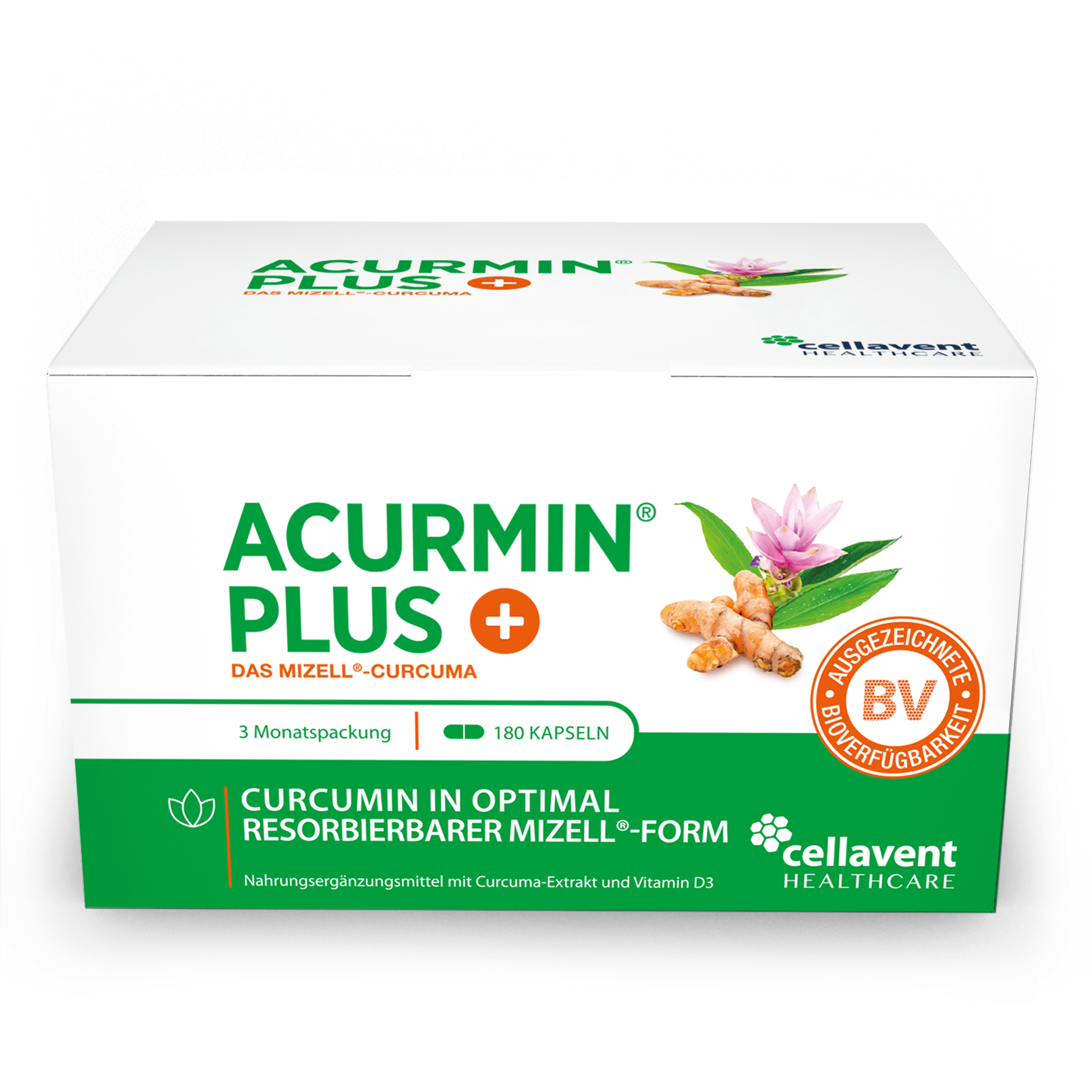 Verpackung von ACURMIN® PLUS, Nahrungsergänzungsmittel mit Curcuma-Extrakt und Vitamin D3, 180 Kapseln, 3-Monatspackung.