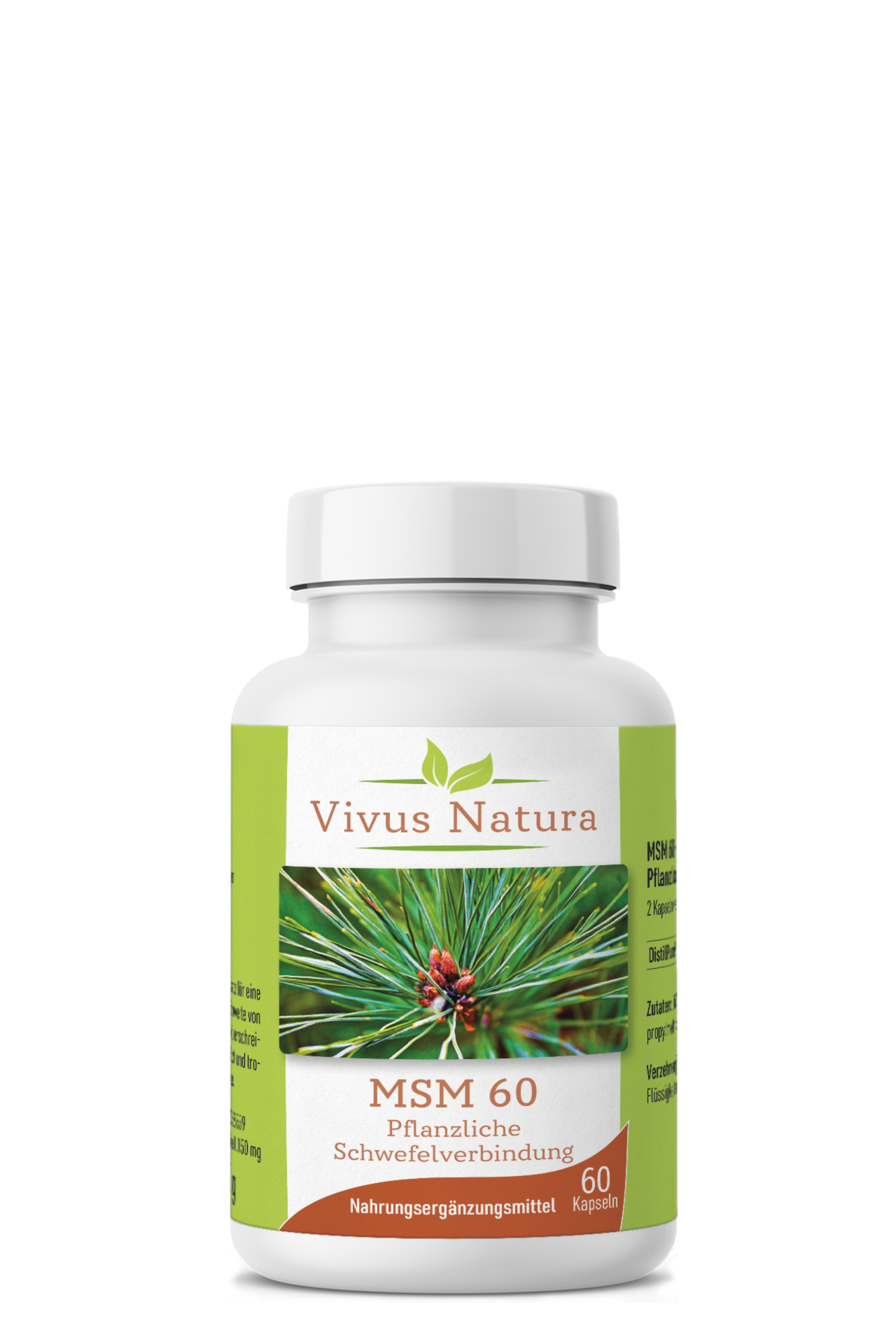 Flasche mit Nahrungsergänzungsmittel "MSM 60" von Vivus Natura, mit Bild von Pflanzen und Informationen über die Inhaltsstoffe.
