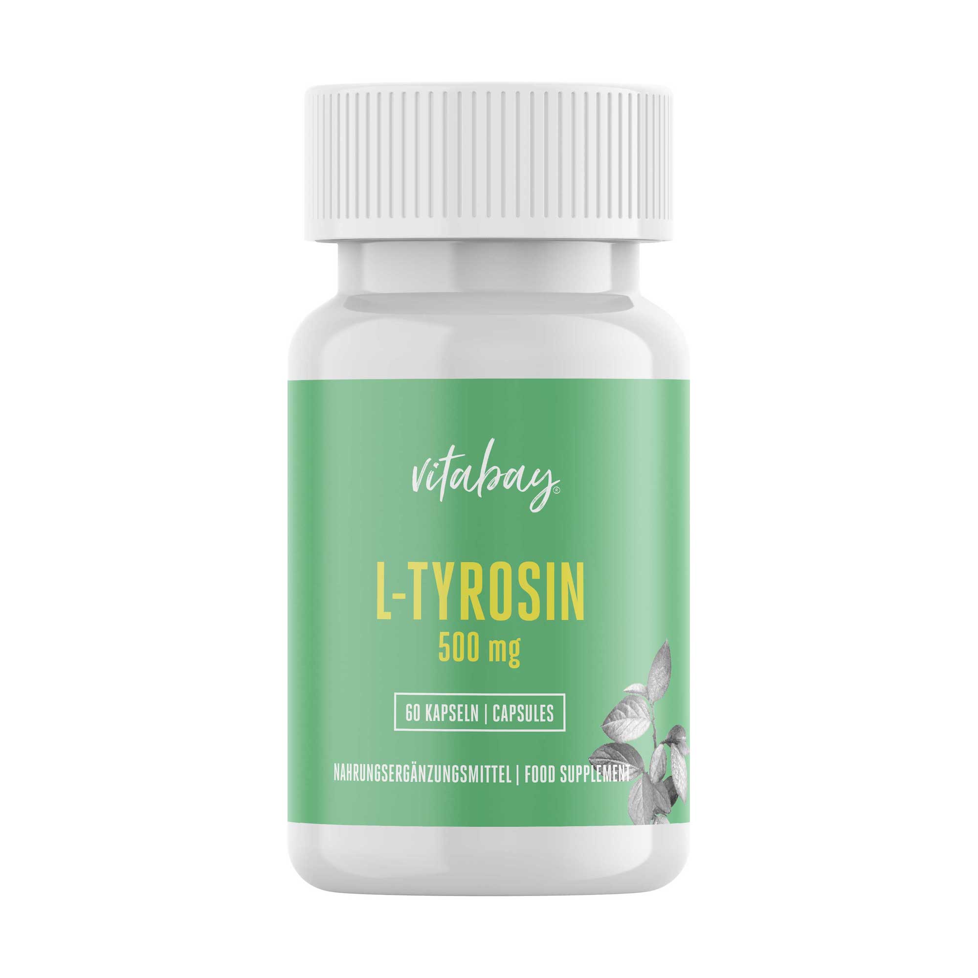 Flasche mit L-Tyrosin Kapseln, 500 mg, 60 Stück, von Vitabay.