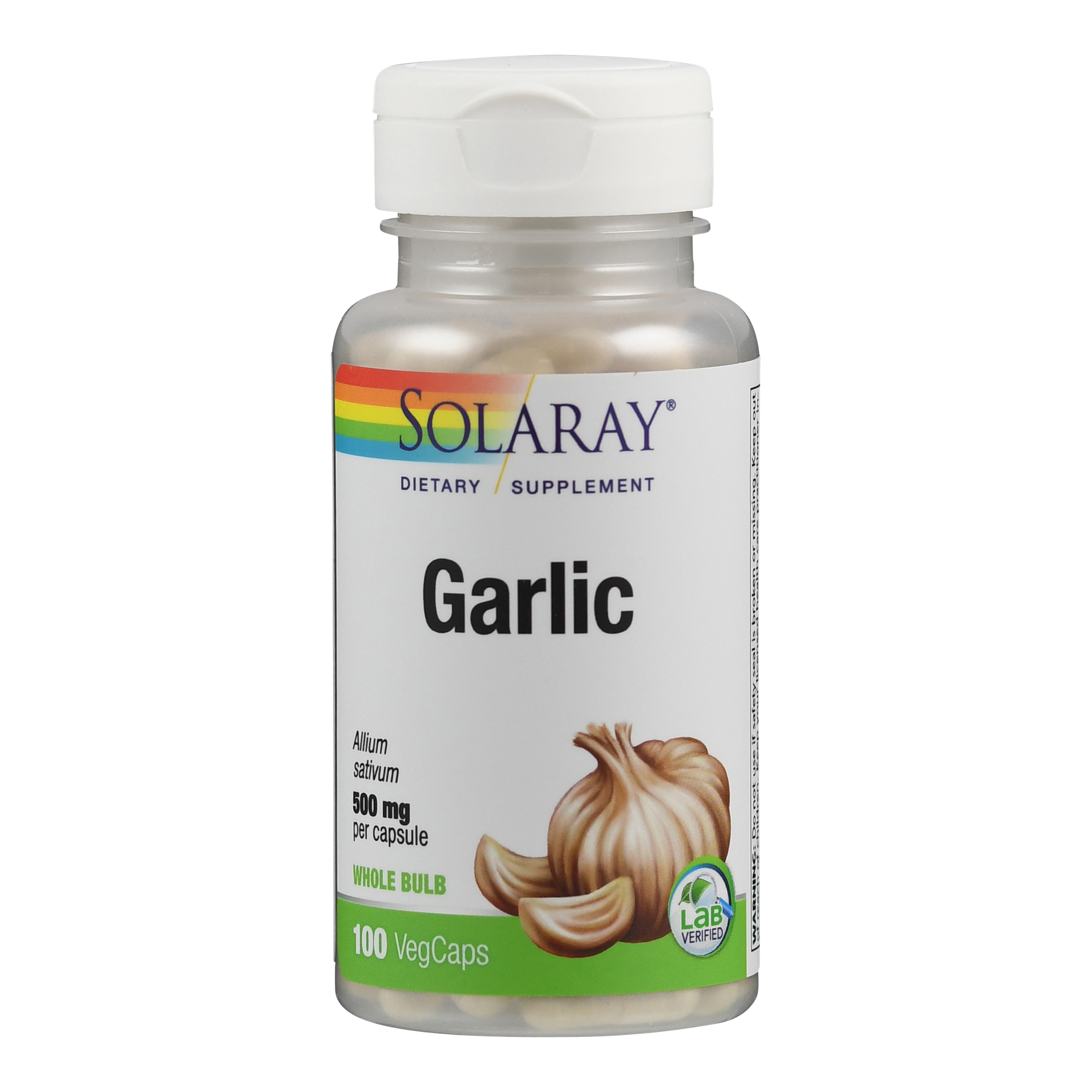 Transparente Flasche mit Nahrungsergänzungsmittel für Knoblauchkapseln, 100 Stück, mit beschreibendem Etikett.