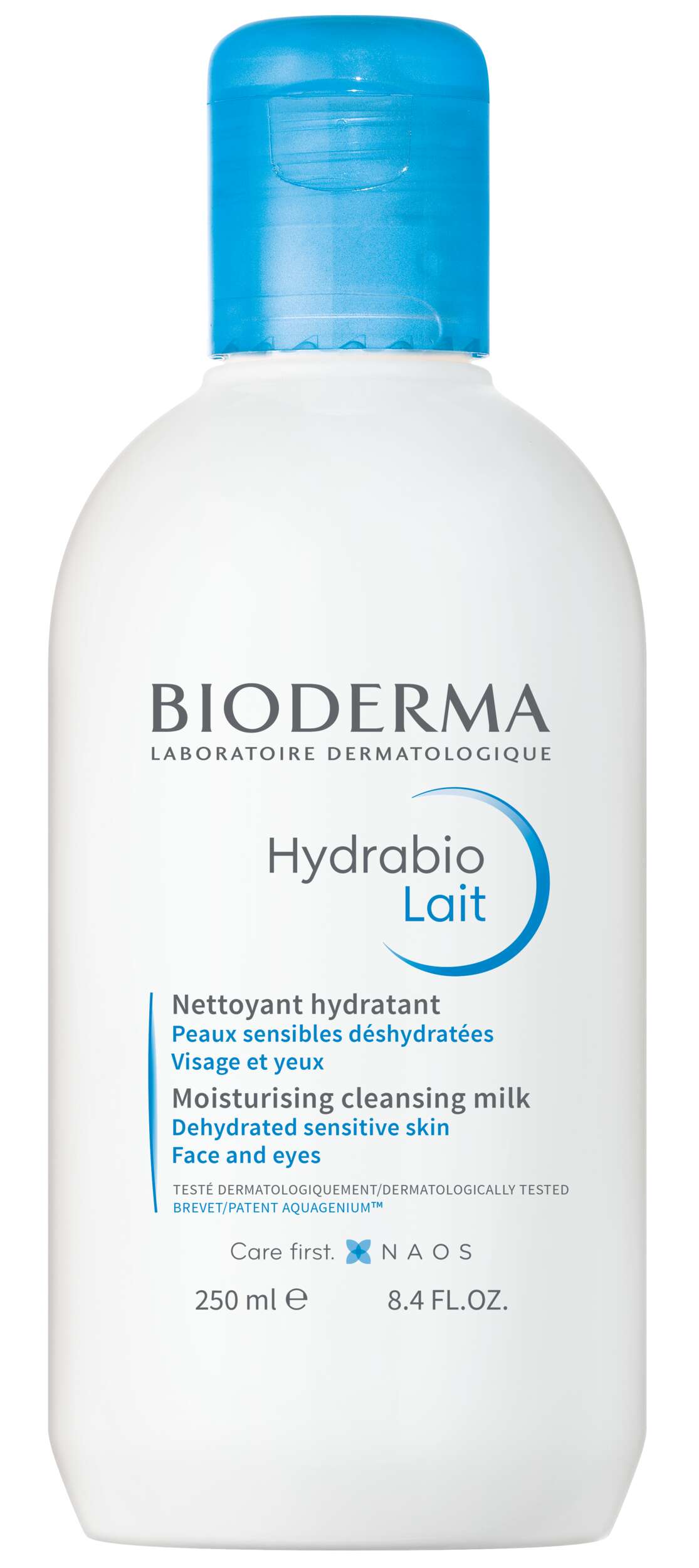 Flasche mit Bioderma Hydrabio Lait, einem feuchtigkeitsspendenden Reinigungsmilch für Gesicht und Augen, 250 ml.