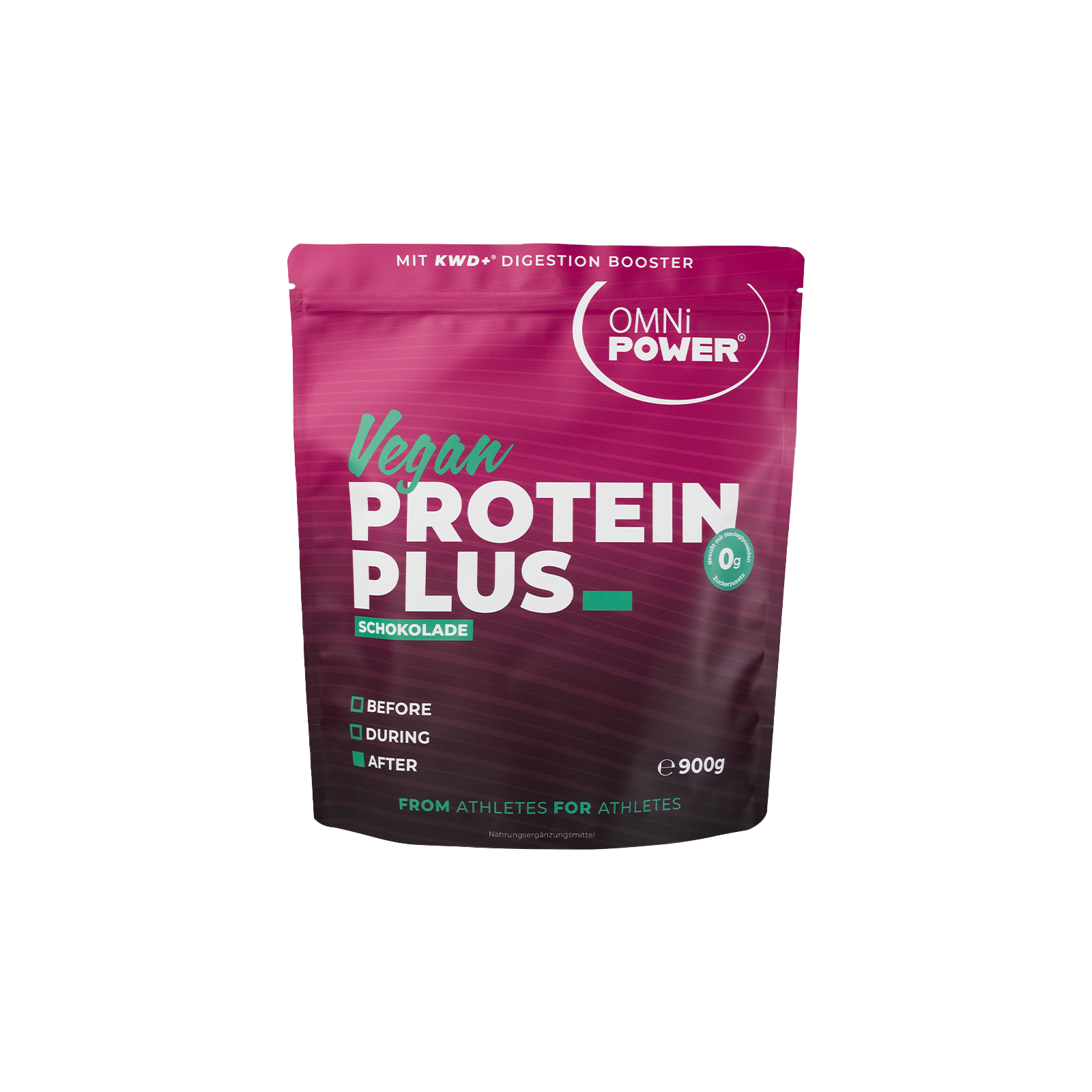 Packung mit veganem Proteinpulver Plus in Schokolade, 900g von OMNi POWER.